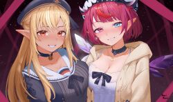 Rule 34 | 2girls, absurdres, beret, black choker, black dress, black headwear, blonde hair, blue eyes, blush, breast press, breasts, brown cardigan, camisole, cardigan, choker, cleavage, crystal wings, dark-skinned female, dark skin, dress, gold necklace, hat, heterochromia, highres, hololive, hololive english, irys (casualrys) (hololive), irys (hololive), jewelry, large breasts, long hair, looking at viewer, multiple girls, necklace, official alternate costume, pointy ears, rorirori (rorirori45), shiranui flare, shiranui flare (street), short hair, sidelocks, sleeveless, sleeveless dress, smile, striped clothes, striped dress, symmetrical docking, vertical-striped clothes, vertical-striped dress, virtual youtuber, white dress, white headwear