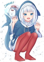 Rule 34 | 1girl, :d, air bubble, animal hood, bloop (gawr gura), blue eyes, blue hair, blue hoodie, blue nails, blush, bubble, claw pose, drawstring, english text, fine fabric emphasis, fins, fish tail, full body, gawr gura, gawr gura (1st costume), gurande (g-size), hands up, highres, hololive, hololive english, hood, hood up, hoodie, long sleeves, looking at viewer, multicolored hair, nail polish, no shoes, open mouth, pantyhose, red pantyhose, shark hood, shark tail, sharp teeth, silver hair, smile, squatting, streaked hair, tail, teeth, typo, virtual youtuber, white background, wide sleeves