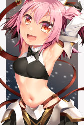 Rule 34 | 1girl, astolfo (fate), astolfo (saber) (fate), astolfo (saber) (fate) (cosplay), black bow, black bowtie, blush, bow, bowtie, colored tips, cosplay, cowboy shot, fang, fate/grand order, fate (series), groin, hair between eyes, highres, kantai collection, kunashiri (kancolle), multicolored hair, navel, open mouth, pink hair, short hair, smile, solo, two side up, wing collar, yasume yukito, yellow eyes