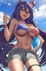 Rule 34 | 1girl, :d, american flag bikini, animal ears, ball, bare arms, bare shoulders, beachball, bikini, black choker, blue sky, choker, cloud, commentary request, commission, cowboy shot, dark skin, day, fang, flag print, grey shorts, highres, hishi amazon (umamusume), horse ears, long hair, looking at viewer, navel, open mouth, purple hair, red eyes, short shorts, shorts, skeb commission, sky, smile, solo, standing, stomach, swimsuit, tail, take978733141, thigh strap, thighs, umamusume, very long hair