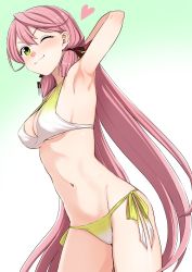 Rule 34 | 1girl, akashi (kancolle), arm up, armpits, bikini, blush, breasts, cleavage, closed mouth, commentary request, cowboy shot, green bikini, green eyes, hair between eyes, hair ribbon, heart, kantai collection, kumadano, long hair, looking at viewer, low twintails, medium breasts, navel, one eye closed, pink hair, ribbon, side-tie bikini bottom, sideboob, simple background, smile, solo, standing, swimsuit, twintails, very long hair