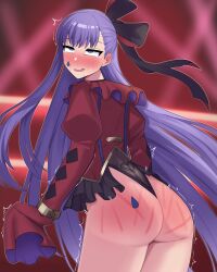 Rule 34 | 1girl, absurdres, alternate costume, artist request, ass, ass focus, blue eyes, blush, bow, fate/grand order, fate (series), from behind, hair bow, hair ribbon, highres, leaning, leaning forward, leotard, long hair, looking at viewer, meltryllis (fate), open mouth, purple hair, ribbon, smile, solo, spanked, sweatdrop, teardrop, teardrop facial mark, teardrop tattoo, tears, thong leotard, very long hair, whip marks