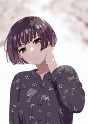 Rule 34 | 1girl, blurry, blurry background, brown eyes, brown hair, cherry blossoms, hand on own face, looking at viewer, mattaku mousuke, original, patterned clothing, short hair, solo, upper body