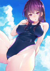 Rule 34 | 1girl, black hair, black one-piece swimsuit, blue sky, breasts, cloud, collarbone, commentary request, competition swimsuit, cowboy shot, day, highleg, highleg swimsuit, kibanda gohan, long hair, medium breasts, one-piece swimsuit, original, outdoors, purple eyes, sky, solo, swimsuit, thighs