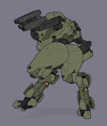 Rule 34 | absurdres, arm cannon, ass, ass focus, commentary, english commentary, from behind, grey background, halo (game), halo (series), halo 4, highres, looking down, mantis (halo), mecha, methados, no humans, pun, robot, science fiction, shadow, solo, standing, standing on one leg, weapon