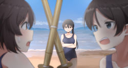 Rule 34 | beach, black hair, blue eyes, blue one-piece swimsuit, blush, brave witches, breasts, brown hair, closed mouth, crossed arms, emu 1316, freckles, highres, karibuchi hikari, kitagou fumika, large breasts, long hair, misumi miya, ocean, one-piece swimsuit, outdoors, ponytail, shinai, sky, smile, swimsuit, sword, weapon, wooden sword, world witches series
