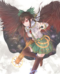 Rule 34 | 1girl, adapted costume, arm cannon, belt, black hair, black thighhighs, black wings, bow, brown footwear, cape, chain, evil grin, evil smile, green bow, green skirt, grin, hair bow, highres, hikari niji, long hair, long sleeves, pointy ears, red eyes, reiuji utsuho, shirt, shoes, skirt, smile, solo, thighhighs, third eye, touhou, weapon, white shirt, wings