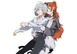 Rule 34 | 2girls, black pants, bright pupils, capelet, closed mouth, collared shirt, commentary, dress, freckles, gloves, green eyes, grey capelet, grey eyes, grey hair, hair bun, hand on another&#039;s arm, hand on another&#039;s waist, high collar, highres, hug, hug from behind, long sleeves, looking at another, molu stranger, multiple girls, orange hair, pants, reverse:1999, shirt, shirt tucked in, simple background, single side bun, smile, sonetto (reverse:1999), symbol-only commentary, thigh strap, two side up, vertin (reverse:1999), white background, white dress, white gloves, white pants, white pupils, white shirt, yuri