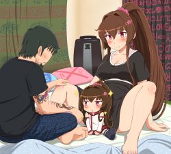 Rule 34 | 10s, 1boy, 2girls, artist self-insert, bad id, bad pixiv id, beard, black hair, blush, breasts, check commentary, child, commentary request, facial hair, father and daughter, if they mated, indian style, kantai collection, ko-yamato, long hair, mother and daughter, multiple girls, open mouth, pillow, pink eyes, ponytail, shin&#039;en-san (shin&#039;en), shin&#039;en (gyokuro company), short hair, sitting, socks, sparkle, tattoo, tears, very long hair, yamato (kancolle), yes-no pillow