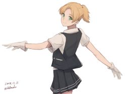 Rule 34 | 1girl, absurdres, belt, black skirt, black vest, blonde hair, blouse, cowboy shot, dated, dress shirt, from behind, green eyes, highres, kantai collection, kkkhosuke, looking at viewer, looking back, maikaze (kancolle), one-hour drawing challenge, outstretched arms, parted bangs, pleated skirt, ponytail, school uniform, scrunchie, shirt, short ponytail, simple background, skirt, solo, twitter username, vest, white background, white shirt