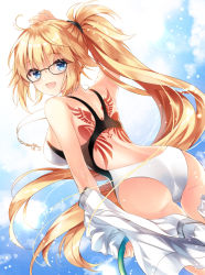 Rule 34 | 1girl, :d, ahoge, arm up, ass, back, back tattoo, bare legs, bare shoulders, black-framed eyewear, blonde hair, blue eyes, blue sky, breasts, competition swimsuit, day, fate/grand order, fate (series), floating hair, from behind, glasses, holding, hose, jacket, jeanne d&#039;arc (fate), jeanne d&#039;arc (ruler) (fate), jeanne d&#039;arc (swimsuit archer) (fate), jeanne d&#039;arc (swimsuit archer) (second ascension) (fate), large breasts, long hair, looking at viewer, looking back, nogi takayoshi, one-piece swimsuit, open mouth, ponytail, shoulder blades, sky, smile, solo, sunlight, swimsuit, tattoo, very long hair, whistle, white jacket