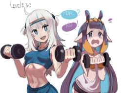 Rule 34 | 2girls, black shorts, blue eyes, blush, bright pupils, cowboy shot, dumbbell, english text, exercising, gawr gura, highres, hololive, hololive english, long hair, looking at viewer, midriff, multiple girls, navel, ninomae ina&#039;nis, open mouth, pointy ears, sharp teeth, sho-n-d, shorts, simple background, smile, speech bubble, sports bra, tank top, teeth, very long hair, virtual youtuber, weightlifting, white background, white hair, white pupils, white tank top