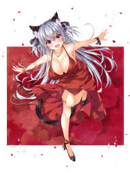 Rule 34 | 1girl, :d, animal ears, bangle, bare shoulders, black footwear, black ribbon, blush, bracelet, breasts, cat ears, cat girl, cat tail, cleavage, commentary request, dress, fang, floral background, hair between eyes, hair ribbon, highres, jewelry, large breasts, long hair, looking at viewer, ooji cha, open mouth, original, outstretched arms, oziko (ooji cha), petals, purple eyes, red dress, ribbon, shoes, silver hair, sleeveless, sleeveless dress, smile, solo, sparkle, spread arms, standing, standing on one leg, tail, very long hair