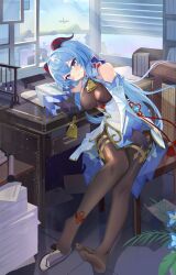 Rule 34 | 1girl, absurdres, ahoge, bare shoulders, bell, black pantyhose, blue flower, blue hair, blush, breasts, chair, chinese knot, detached sleeves, feet, flower, flower knot, ganyu (genshin impact), genshin impact, glaze lily, gold trim, head rest, highres, horns, indoors, light smile, long hair, looking at viewer, medium breasts, neck bell, npp (artist), office, pantyhose, paper stack, purple eyes, shoes, sidelocks, sitting, soles, solo, table, tassel, thighlet, toes, unworn shoes, vision (genshin impact), waist cape, white sleeves