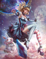 Rule 34 | 1girl, alice (alice in wonderland), alice in wonderland, analog clock, artist name, asymmetrical legwear, black footwear, blue bow, blue eyes, bow, breasts, clock, club (shape), diamonds (playing card), dress, fingernails, freckles, full body, gem, hearts (playing card), high heels, highres, lips, long hair, long legs, looking at viewer, medium breasts, mismatched legwear, nail polish, nose, pink nails, red lips, sash, serafleur, shoes, solo, spade (shape), strapless, strapless dress, striped bow, striped clothes, striped thighhighs, thighhighs, white rabbit (alice in wonderland), white thighhighs