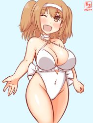 Rule 34 | 1girl, alternate costume, artist logo, blue background, blush, breasts, brown eyes, casual one-piece swimsuit, choker, cosplay, covered navel, cowboy shot, dated, frilled one-piece swimsuit, frilled swimsuit, frills, hairband, highleg, highleg swimsuit, i-26 (kancolle), kanon (kurogane knights), kantai collection, large breasts, light brown hair, long hair, looking at viewer, one-hour drawing challenge, one-piece swimsuit, one eye closed, open mouth, sagiri (kancolle), sagiri (kancolle) (cosplay), shawl, side-tie swimsuit, simple background, smile, solo, swimsuit, two side up, white choker, white one-piece swimsuit, white shawl