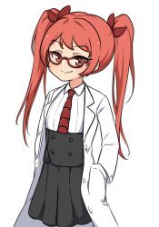 Rule 34 | 1girl, basukechi, black skirt, closed mouth, frederica nikola tesla, glasses, hair between eyes, hands in pockets, highres, honkai (series), honkai impact 3rd, lab coat, looking at viewer, necktie, red eyes, red hair, simple background, skirt, smile, solo, twintails, white background