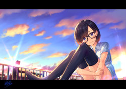 Rule 34 | 1girl, bare arms, black-framed eyewear, black hair, black thighhighs, blue eyes, blue sky, blush, closed mouth, cloud, cloudy sky, collared shirt, commentary request, day, diffraction spikes, glasses, hugging own legs, knees up, letterboxed, looking at viewer, no pants, no shoes, original, outdoors, railing, shirt, short hair, short sleeves, shouhei, signature, sitting, sky, smile, solo, sun, sunlight, thighhighs, thighs, white shirt