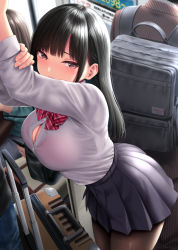 Rule 34 | 1girl, backpack, bag, bent over, black hair, black pantyhose, black skirt, bow, bowtie, breasts, cleavage, collared shirt, grabbing own arm, grey eyes, kase daiki, large breasts, long hair, long sleeves, looking at viewer, mask, mouth mask, original, pantyhose, revision, school uniform, shirt, shirt tucked in, sidelocks, skirt, solo focus, suitcase