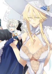 Rule 34 | 1boy, 2girls, agravain (fate), artoria pendragon (all), artoria pendragon (fate), artoria pendragon (lancer) (fate), artoria pendragon (swimsuit ruler) (fate), artoria pendragon (swimsuit ruler) (second ascension) (fate), blonde hair, blue eyes, breasts, cape, commentary request, eyelashes, eyes visible through hair, fate/grand order, fate (series), green eyes, hair between eyes, hair ornament, highres, huge breasts, large breasts, morgan le fay (fate), multiple girls, nogi (acclima), swimsuit