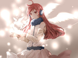 Rule 34 | 1girl, ahoge, detached sleeves, feathers, headphones, long hair, piku (pikumin), red eyes, red hair, sf-a2 miki, smile, solo, vocaloid, wings