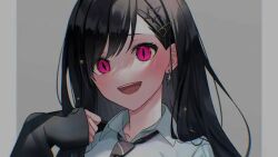 Rule 34 | 1girl, black hair, black necktie, character request, cropped, earrings, happy, highres, jacket, jewelry, long hair, looking at viewer, necktie, non-web source, omurais kcp, open clothes, open jacket, open mouth, pink eyes, project sekai, smile, solo, source request, third-party edit, upper body, very long hair