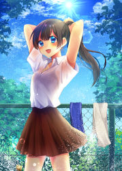 Rule 34 | 1girl, adjusting hair, arms behind head, arms up, bad id, bad pixiv id, black hair, blue eyes, blue sky, breasts, brown skirt, bubble, bush, chain-link fence, cleavage, cloud, cloudy sky, collarbone, collared shirt, cowboy shot, day, fence, hair between eyes, highres, hitotoce, kaname monika, lens flare, lock, looking at viewer, medium breasts, open mouth, original, padlock, pleated skirt, ponytail, see-through, shirt, short sleeves, skirt, sky, smile, solo, sun, tree, water, white shirt