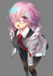 Rule 34 | 1girl, absurdres, breasts, fate/grand order, fate (series), glasses, grey background, hair over one eye, highres, jacket, jacket on shoulders, looking at viewer, mash kyrielight, medium breasts, necktie, open mouth, orihiro0614, pantyhose, pulling, purple eyes, purple hair, short hair, simple background, solo, standing, tongue