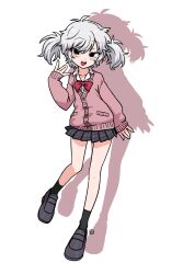 Rule 34 | 1girl, :d, black eyes, black footwear, black socks, blush, bow, brown cardigan, cardigan, collared shirt, commission, dress shirt, drop shadow, grey hair, grey skirt, hand up, highres, loafers, long sleeves, looking at viewer, muu (mumumer), open mouth, original, plaid, plaid skirt, pleated skirt, red bow, school uniform, shirt, shoes, simple background, skeb commission, skirt, sleeves past wrists, smile, socks, solo, two side up, white background, white shirt