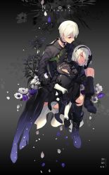 Rule 34 | 1boy, 1girl, bad id, bad twitter id, black dress, black gloves, black thighhighs, boots, breasts, choker, closed eyes, dress, flower, gloves, hairband, high heel boots, high heels, highres, long sleeves, mole, mole under mouth, nier (series), nier:automata, platina77, puffy sleeves, short hair, thighhighs, white hair, 2b (nier:automata), 9s (nier:automata)