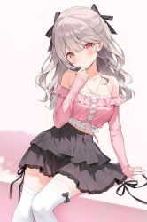 Rule 34 | 1girl, bare shoulders, black bow, black ribbon, black skirt, bow, bow legwear, breasts, cleavage, commentary, grey hair, hair between eyes, hair ribbon, hand up, highres, long hair, long sleeves, looking at viewer, off shoulder, original, parted lips, pink eyes, pink shirt, ribbon, shirt, sitting, skirt, small breasts, solo, symbol-only commentary, thighhighs, weri, white thighhighs, zettai ryouiki