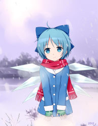 Rule 34 | 1girl, ahoge, aqua eyes, aqua hair, bow, cirno, coat, crystal, fingerless gloves, gloves, hair bow, ice, perfect cherry blossom, red scarf, scarf, short hair, smile, snow, snowing, solo, touhou, tucana, wings, winter