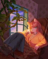 Rule 34 | 1girl, animal ears, animal nose, blanket, blue eyes, blue pants, blue sky, body fur, breasts, brown footwear, cardigan, cat ears, cat girl, chair, closed mouth, cloud, collared shirt, expressionless, female focus, footstool, full body, furry, furry female, head rest, highres, indoors, knees up, legs together, light rays, long hair, long sleeves, looking at viewer, medium breasts, orange cardigan, original, pants, plaid, plaid shirt, red hair, shirt, shoes, sidelocks, sitting, sky, socks, solo, sunlight, tanishi (tanisi tanbo), tree, white fur, white shirt, white socks, window