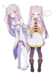 Rule 34 | ..., 2girls, ?, absurdres, bare shoulders, blush, braid, breast conscious, breast envy, breasts, capelet, cleavage, closed mouth, commentary request, crown braid, earrings, elf, emilia (re:zero), flower, frieren, gem, green eyes, green gemstone, grey hair, hair flower, hair ornament, hair ribbon, highres, jewelry, koushin ryo, large breasts, long hair, long sleeves, multiple girls, pantyhose, parted bangs, pointy ears, purple eyes, purple ribbon, re:zero kara hajimeru isekai seikatsu, ribbon, rose, shirt, simple background, small breasts, smile, sousou no frieren, striped clothes, striped shirt, thighhighs, twintails, white background, white capelet, white flower, white rose, x hair ornament