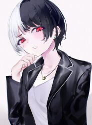 Rule 34 | 1girl, arm at side, black hair, black jacket, blush, bob cut, clenched teeth, collarbone, commission, copyright request, earrings, hand up, head tilt, jacket, jewelry, long sleeves, looking at viewer, mile (off8mile), multicolored hair, necklace, open clothes, open jacket, red eyes, ring, ring necklace, scowl, shirt, short hair, simple background, skeb commission, solo, split-color hair, stud earrings, teeth, two-tone hair, upper body, white background, white hair, white shirt