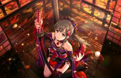 Rule 34 | 1girl, architecture, arm up, autumn leaves, bare shoulders, black kimono, black thighhighs, bow, braid, breasts, brown eyes, brown hair, closed mouth, collarbone, detached collar, east asian architecture, foreshortening, frilled kimono, frills, from above, game cg, gold trim, hair bow, hair ornament, hand up, holding, holding mask, holding sword, holding weapon, idolmaster, idolmaster cinderella girls, idolmaster cinderella girls starlight stage, indoors, japanese clothes, katana, kimono, kobayakawa sae, legs, long hair, long sleeves, looking at viewer, mask, multicolored clothes, multicolored kimono, off shoulder, official art, on ground, oni mask, purple bow, purple kimono, reflective floor, sandals, sheath, sheathed, short kimono, single thighhigh, sitting, small breasts, solo, sparkle, sword, tassel, thighhighs, thighs, toeless legwear, toes, wariza, weapon, wide sleeves, wooden floor