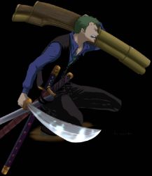 Rule 34 | 1boy, black pants, formal, full body, green hair, gun, male focus, meissdes, necktie, one piece, one piece: strong world, open mouth, pants, profile, roronoa zoro, scabbard, sheath, solo, squatting, sword, transparent background, waistcoat, weapon