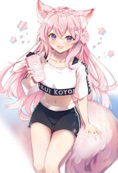 Rule 34 | 1girl, :d, animal ear fluff, animal ears, aqua nails, black shorts, braid, character name, clothes writing, commentary request, crop top, crown braid, elphe, feet out of frame, hakui koyori, highres, holding, hololive, hololive dance practice uniform, large tail, long hair, looking at viewer, midriff, nail polish, navel, open mouth, pink hair, purple eyes, shirt, shorts, smile, solo, stomach, tail, thighs, very long hair, virtual youtuber, white shirt