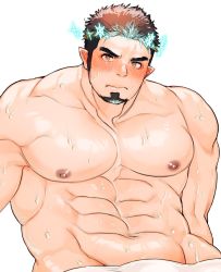 Rule 34 | 1boy, abs, bara, bare pectorals, blush, brown hair, ear blush, facial hair, goatee, halo, highres, large pectorals, leaning back, long sideburns, looking at viewer, male focus, mature male, multicolored hair, muscular, muscular male, naked towel, navel, nipples, pectorals, pointy ears, shiratori yokikana, short hair, sideburns, snowflakes, solo, sparkling eyes, stomach, sweat, tokyo houkago summoners, tomte (housamo), towel, two-tone hair, upper body, wet, white background, white hair