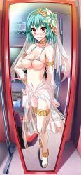 Rule 34 | 1girl, akaza, anklet, arabian clothes, areola slip, armlet, bikini, blush, bracelet, breasts, change! ano ko ni natte kunkun peropero, cosplay, covered erect nipples, dancer, detached sleeves, feet, fisheye, flower, full body, game cg, green hair, hair between eyes, hair flower, hair ornament, hairband, hand on own hip, harem outfit, highres, jewelry, large breasts, looking at mirror, micro bikini, mirror, navel, no shoes, ogura kana, open mouth, red eyes, reflection, revealing clothes, sarong, see-through, short hair, side-tie bikini bottom, skindentation, solo, standing, strap gap, swimsuit, thighhighs, toes, veil