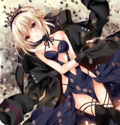 Rule 34 | 1girl, artoria pendragon (alter swimsuit rider) (fate), artoria pendragon (alter swimsuit rider) (third ascension) (fate), artoria pendragon (fate), bare shoulders, bikini, black gloves, black thighhighs, blonde hair, blue dress, blush, braid, breasts, cleavage, clothing cutout, dress, fate/grand order, fate (series), female focus, gloves, jacket, looking at viewer, navel, navel cutout, nogi takayoshi, open mouth, solo, swimsuit, thighhighs, tiara, yellow eyes