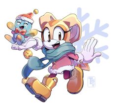 Rule 34 | 1girl, 1other, alternate costume, animal ears, artist logo, blue scarf, boots, bow, bowtie, brown eyes, brown fur, chao (sonic), cheese (sonic), cream the rabbit, fur-trimmed headwear, fur-trimmed jacket, fur trim, furry, furry female, gloves, hat, highres, jacket, looking at viewer, nic kenten, open mouth, pants, pink jacket, purple pants, rabbit ears, red bow, red bowtie, red hat, santa hat, scarf, snowflake background, sonic (series), teeth, upper teeth only, white background, white gloves, yellow footwear