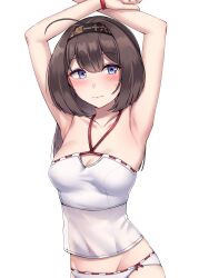 Rule 34 | 1girl, absurdres, akizuki (kancolle), armpits, arms up, bikini, black hair, blue eyes, blush, bound, bound wrists, breasts, brown hair, closed mouth, clothes writing, commentary request, hachimaki, hair between eyes, headband, highres, kantai collection, kiritto, long hair, medium breasts, ponytail, simple background, solo, sweat, swimsuit, white background, white bikini