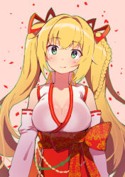 Rule 34 | .live, 1girl, :q, arms at sides, barefoot, blonde hair, blush, bow, braid, breasts, cleavage, closed mouth, collar, commentary request, confetti, detached sleeves, green eyes, hair ribbon, hakama, hakama skirt, head tilt, highres, japanese clothes, kimono, kongou iroha, lamb (hitsujiniku), large bow, large breasts, long hair, long sleeves, looking at viewer, nontraditional miko, pink background, red bow, red hakama, red ribbon, ribbon, ribbon-trimmed sleeves, ribbon trim, simple background, skirt, smile, solo, tareme, tongue, tongue out, twintails, upper body, very long hair, virtual youtuber, white kimono