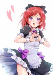 Rule 34 | 10s, 1girl, apron, blush, bow, dress, frilled dress, frills, garter straps, hair ribbon, heart, heart hands, highres, lilylion26, looking at viewer, love live!, love live! school idol festival, love live! school idol project, maid, maid apron, maid headdress, moe moe kyun!, nishikino maki, open mouth, puffy sleeves, purple eyes, red hair, ribbon, short hair, short sleeves, simple background, solo, standing, white background, wrist cuffs