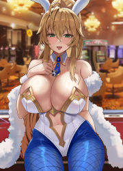 Rule 34 | 1girl, :p, absurdres, artoria pendragon (all), artoria pendragon (fate), artoria pendragon (swimsuit ruler) (fate), bare shoulders, blonde hair, blue necktie, blurry, blurry background, blush, breasts, casino, cleavage, detached collar, fate/grand order, fate (series), green eyes, hand on own chest, highres, large breasts, leotard, looking at viewer, navel, necktie, off shoulder, onedoo, open mouth, pantyhose, playboy bunny, smile, tongue, tongue out