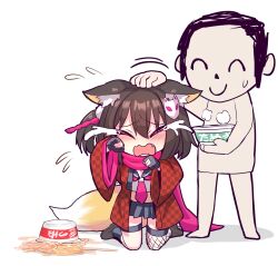 1boy 1girl accident animal_ear_fluff animal_ears blue_archive blush chibi closed_eyes crying cup_ramen doodle_sensei_(blue_archive) facing_viewer fang food fox_ears fox_girl fox_tail hand_on_another&#039;s_head headpat highres instant_ramen izuna_(blue_archive) noodles on_floor open_mouth sad scarf school_uniform sensei_(blue_archive) short_hair simple_background spill streaming_tears tail tears white_background wisespeak