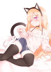 Rule 34 | 1girl, animal, animal ears, black thighhighs, blonde hair, blue shorts, blush, breasts, cameltoe, candy, cat, cat ears, cat tail, collarbone, food, hair ornament, hair over one eye, hairclip, highres, holding, holding candy, holding food, holding lollipop, lollipop, long hair, long sleeves, off-shoulder sweater, off shoulder, original, parted lips, purple eyes, short shorts, shorts, small breasts, solo, spaghetti strap, sweater, tail, thighhighs, very long hair, white sweater, zhaofeng yinyue