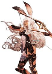Rule 34 | animal ears, arm guards, armor, arrow (projectile), ass, bare shoulders, black armor, bow (weapon), breasts, dark-skinned female, dark skin, drawing bow, feet out of frame, fighting stance, final fantasy, final fantasy xii, fran (ff12), holding, holding arrow, holding bow (weapon), holding weapon, large breasts, leg armor, long hair, looking to the side, parted lips, rabbit ears, rabbit girl, see-through, vhyrel, viera, weapon, white background, white hair