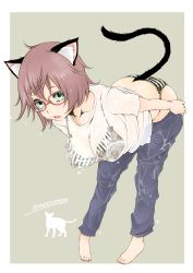 Rule 34 | 1girl, absurdres, animal ears, barefoot, bra, brown hair, cat, cat ears, cat tail, collarbone, denim, glasses, green eyes, highres, jeans, leaning forward, mocottoy, open mouth, original, panties, pants, red-framed eyewear, see-through, shirt, short hair, simple background, solo, striped bra, striped clothes, striped panties, t-shirt, tail, twitter username, underwear, undressing, wet, wet clothes, wet shirt